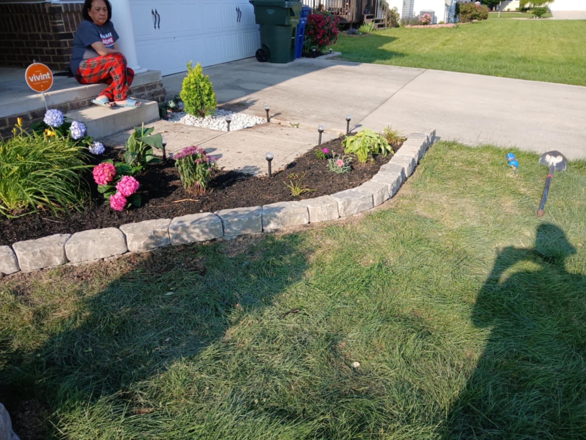 Curved flower bed with hydrangeas and white decorative stones