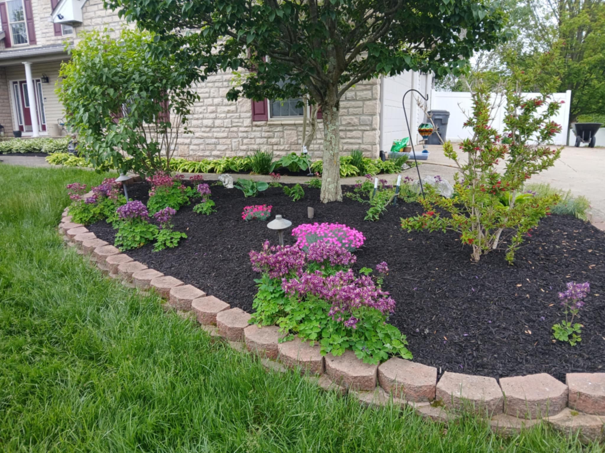 Large curved landscape bed with flowering plants and stone border