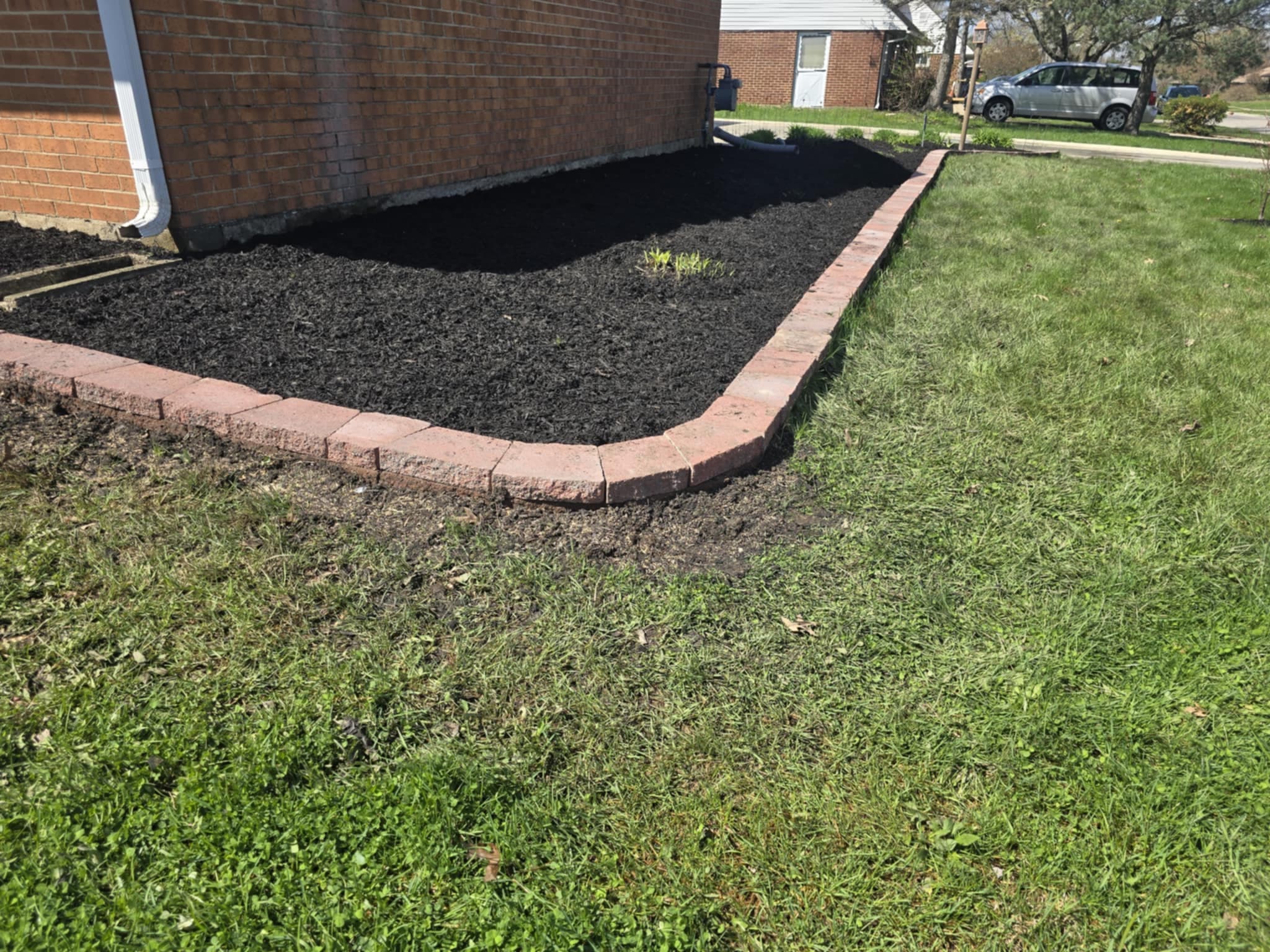 Red brick border edging with fresh dark mulch and small plants